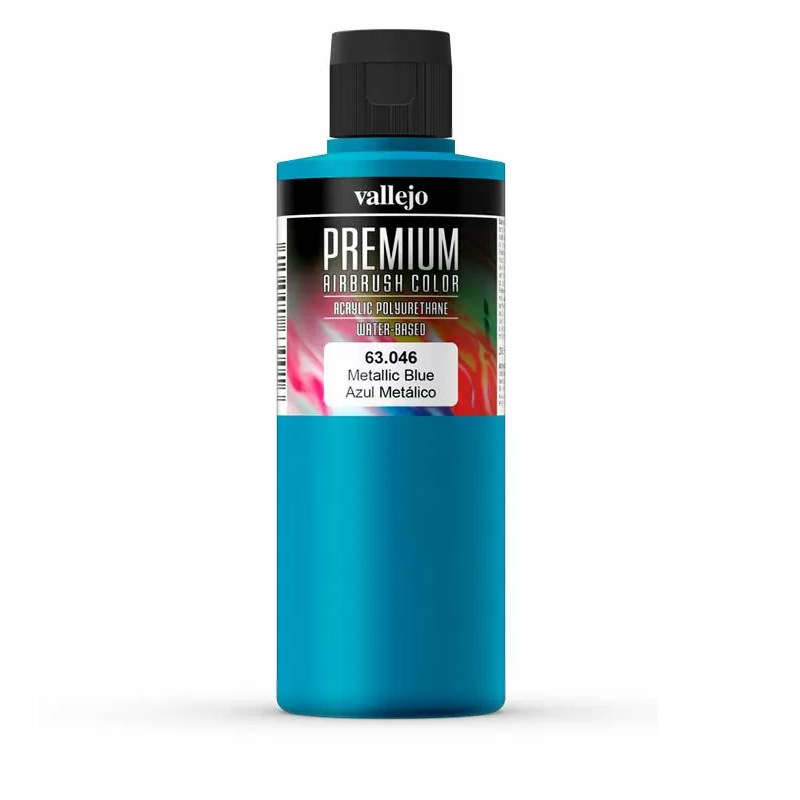 A bottle of Vallejo Premium Metallic Blue airbrush paint
