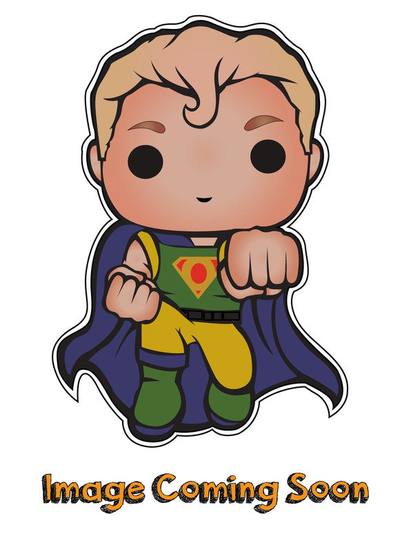 Chibi Superman with brown hair, green tunic, red shield logo, yellow belt, boots, and blue cape