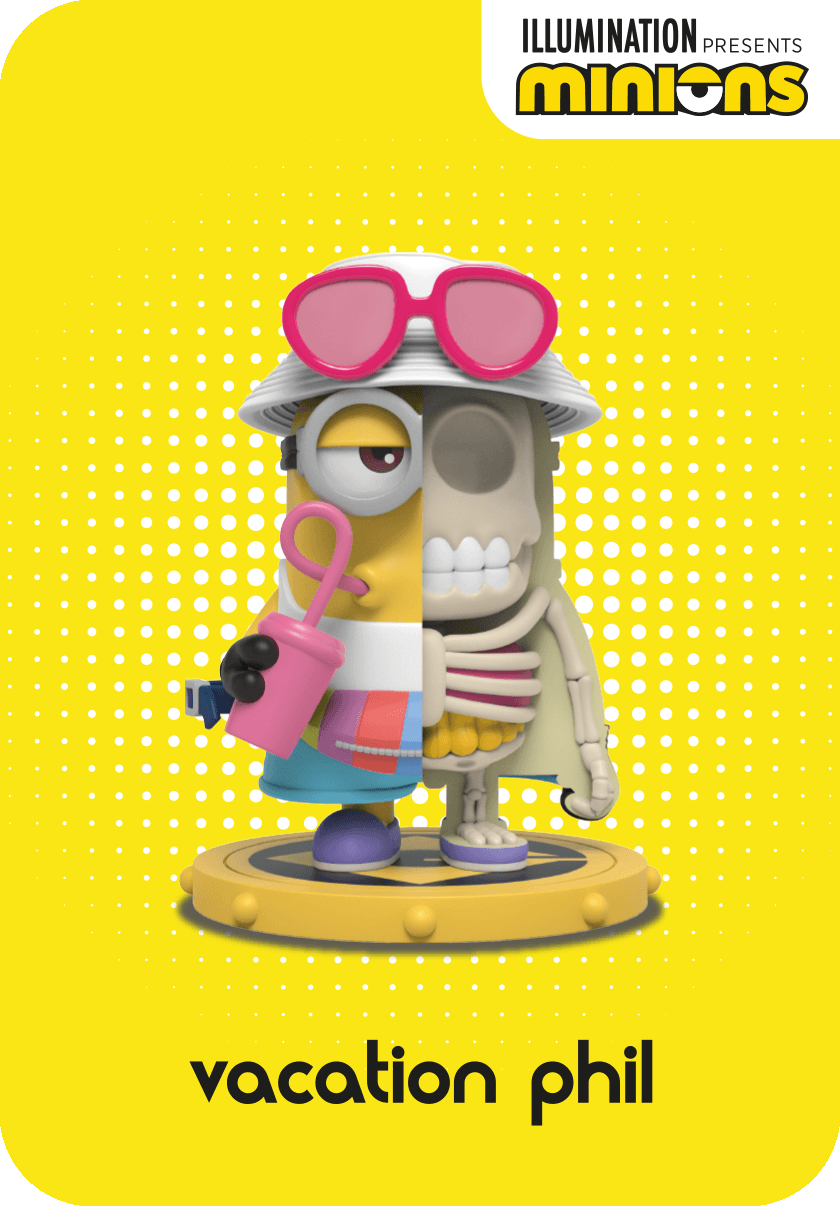 Minion figure "Vacation Phil" split view: left side in tropical attire, right side showing an anatomical skeleton