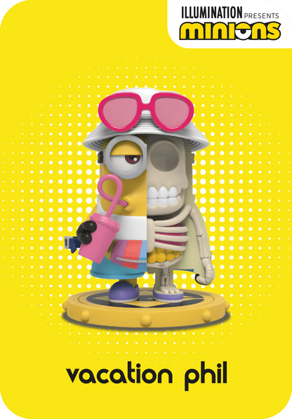 Minion figure "Vacation Phil" split view: left side in tropical attire, right side showing an anatomical skeleton