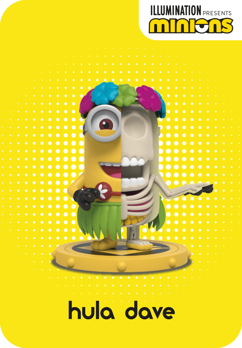 Minion Hula Dave figure, half yellow Minion and half skeleton, wearing a flower crown and grass skirt