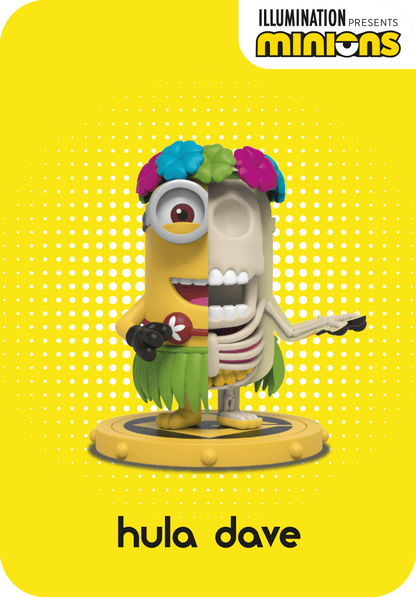 Minion Hula Dave figure, half yellow Minion and half skeleton, wearing a flower crown and grass skirt