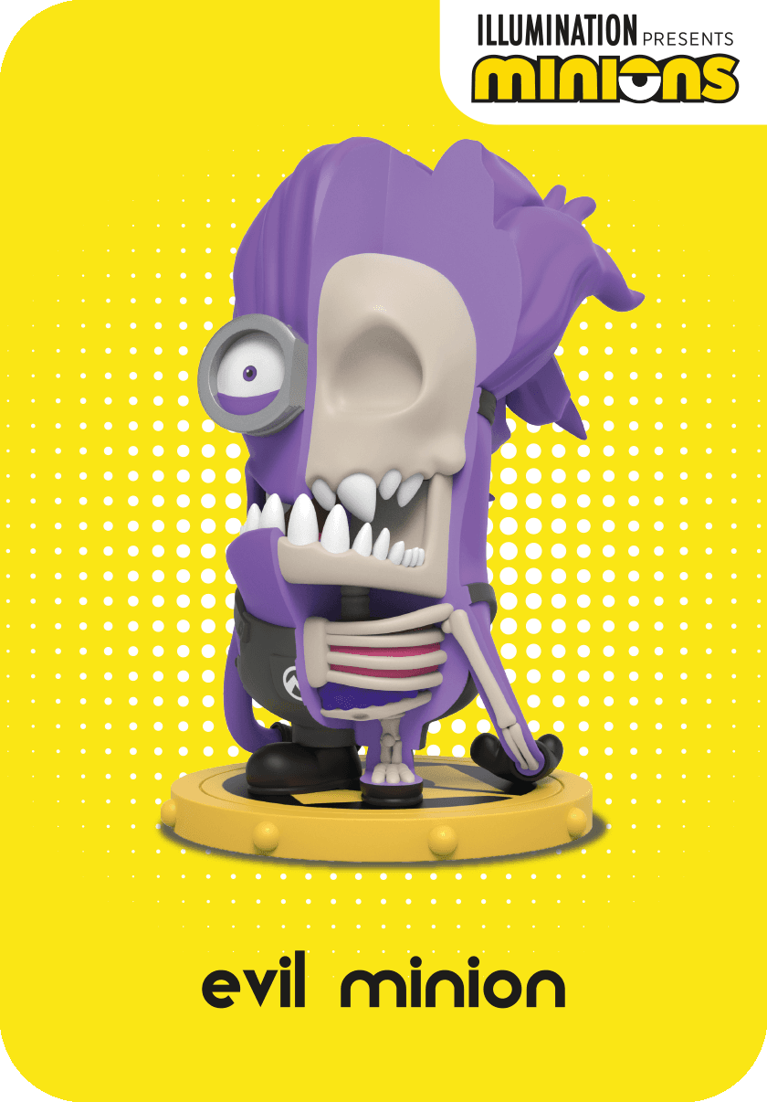Purple Evil Minion figure, half-skinned to reveal the skull and skeleton, standing on a yellow base