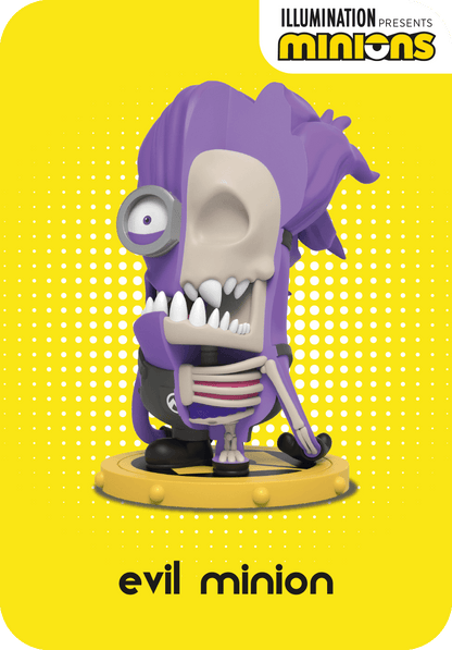 Purple Evil Minion figure, half-skinned to reveal the skull and skeleton, standing on a yellow base
