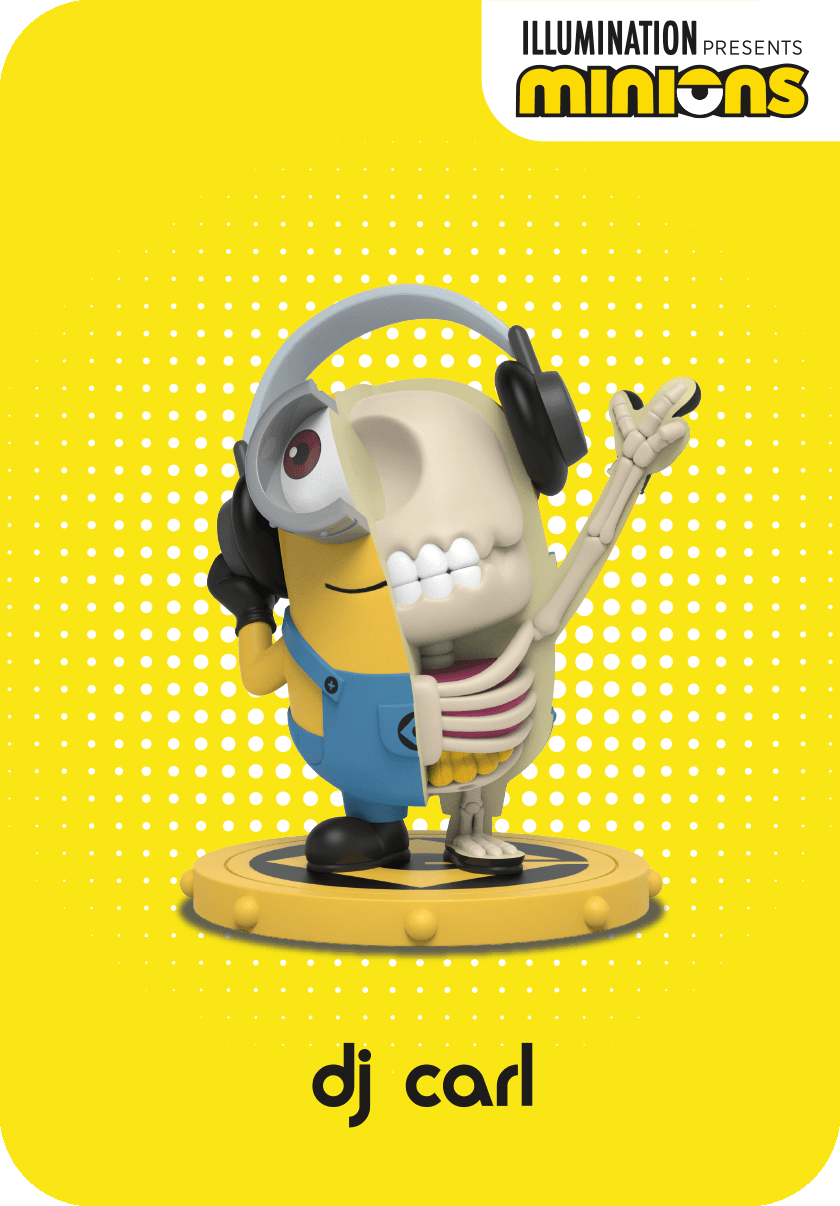 Minion DJ Carl figure wearing headphones, split vertically to show anatomy and skeleton inside