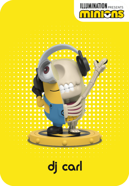 Minion DJ Carl figure wearing headphones, split vertically to show anatomy and skeleton inside