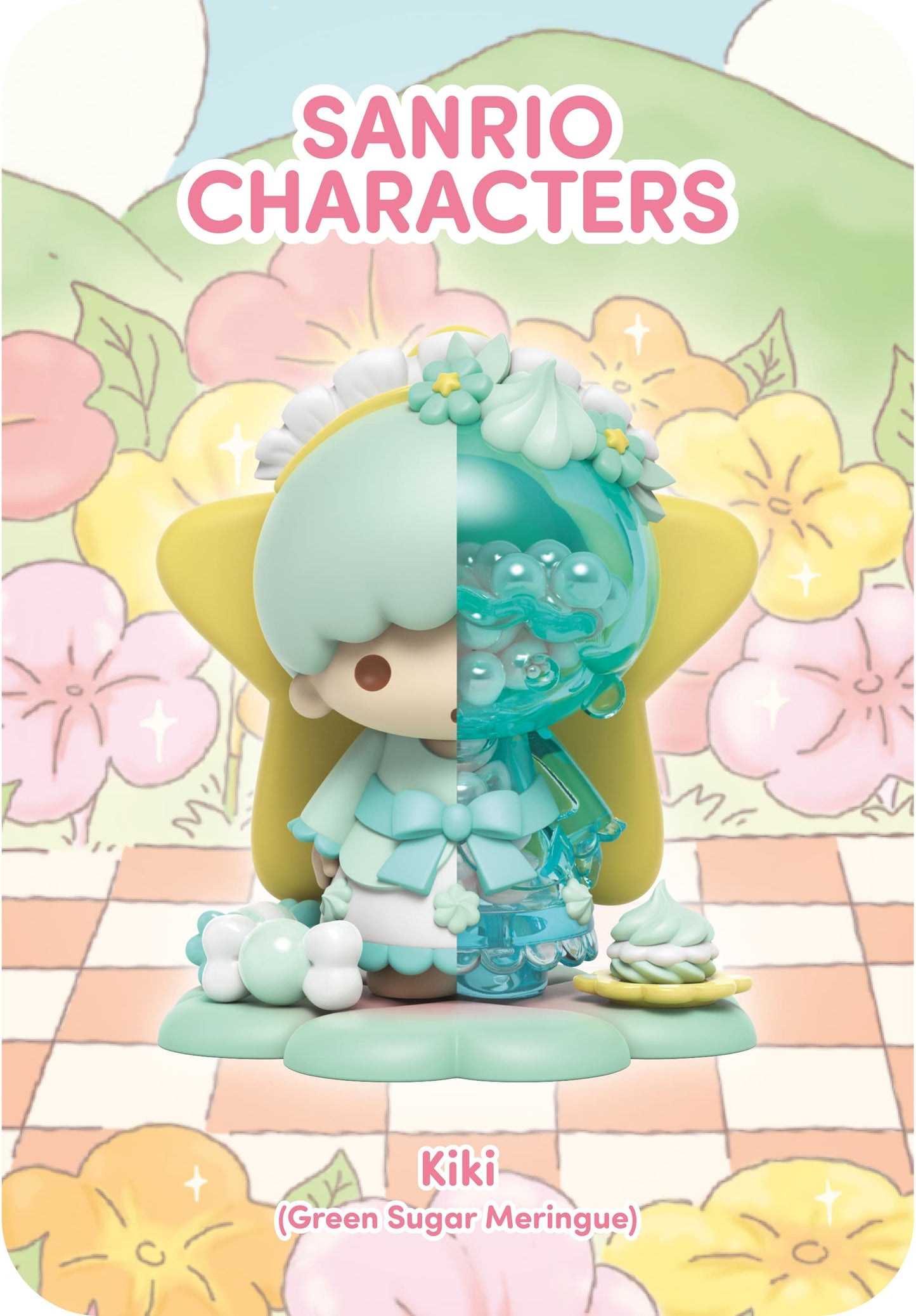 Sanrio Kiki vinyl figure, split mint green and clear blue halves, themed "Green Sugar Meringue."