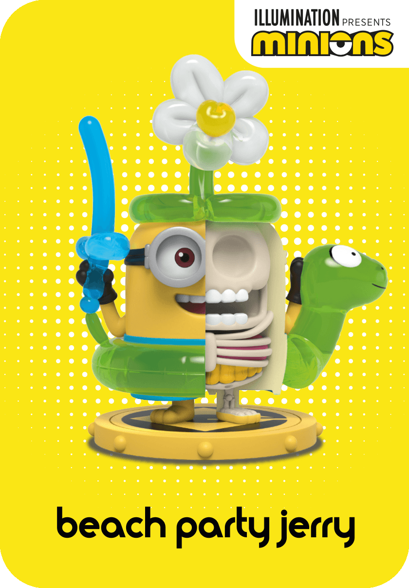 Beach Party Minion Jerry figure, split to show one half normal and the other half revealing internal skeleton