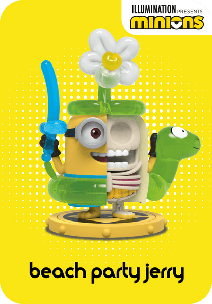 Beach Party Minion Jerry figure, split to show one half normal and the other half revealing internal skeleton