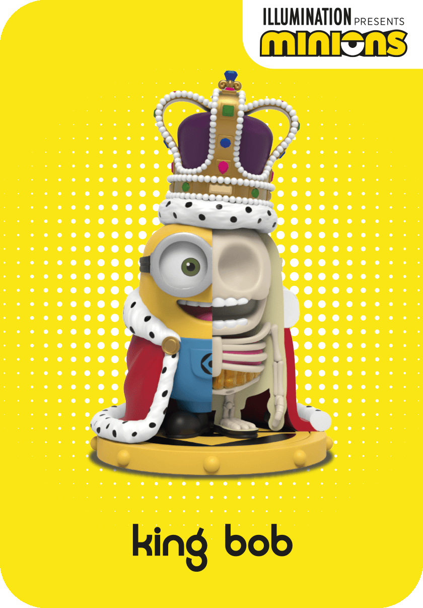 King Bob Minion figure wearing a crown and robe, split down the center to reveal his internal skeleton and anatomy