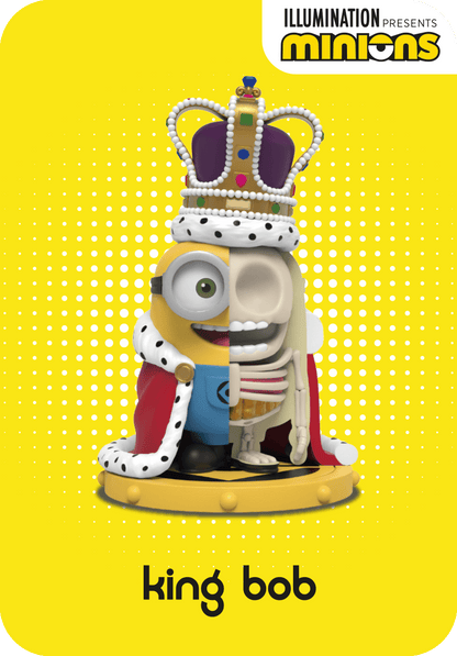 King Bob Minion figure wearing a crown and robe, split down the center to reveal his internal skeleton and anatomy