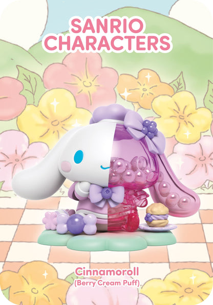 Cinnamoroll "Berry Cream Puff" vinyl figure, split design: half white, half translucent purple filled with beads