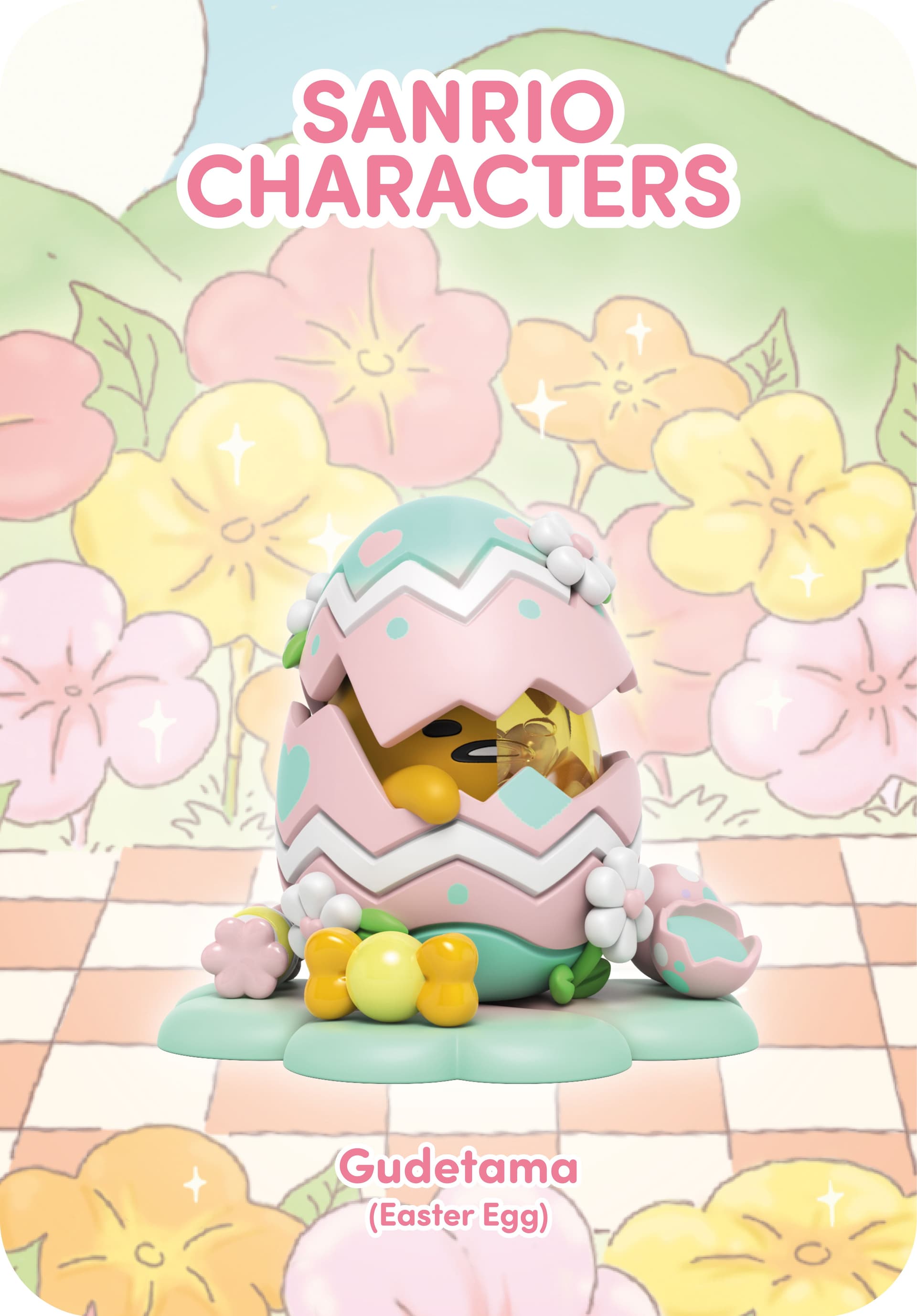 Gudetama figurine emerging from a broken pastel pink and teal Easter eggshell