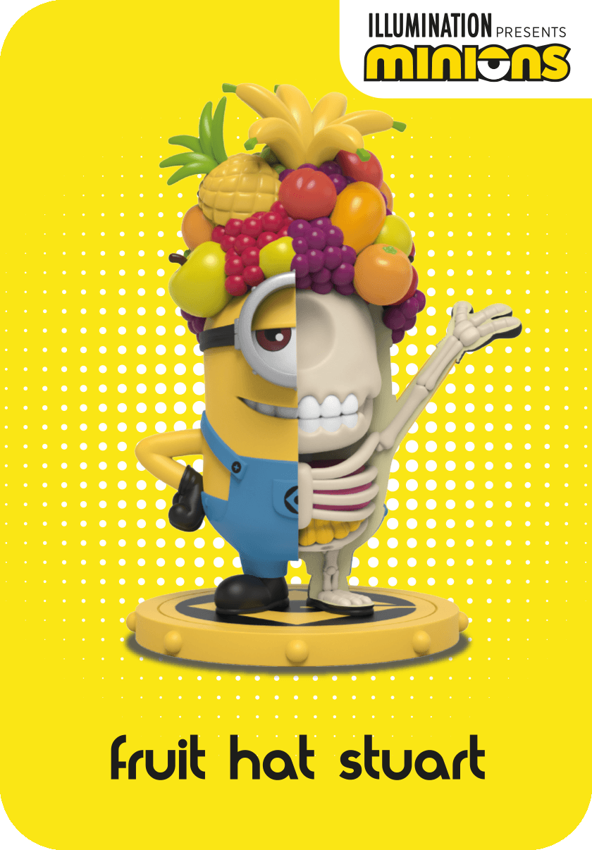 Minion Stuart figure, split in half to show his internal skeleton, topped with a colorful tropical fruit hat