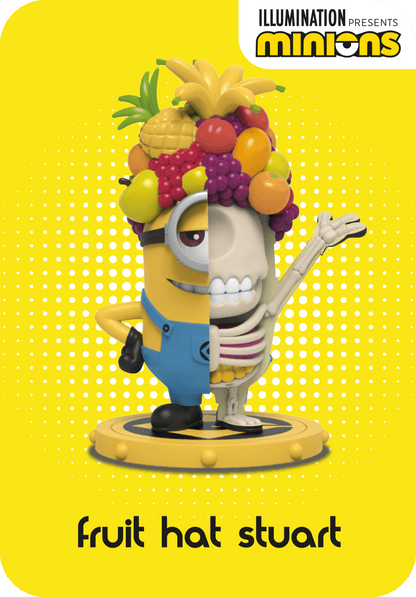 Minion Stuart figure, split in half to show his internal skeleton, topped with a colorful tropical fruit hat