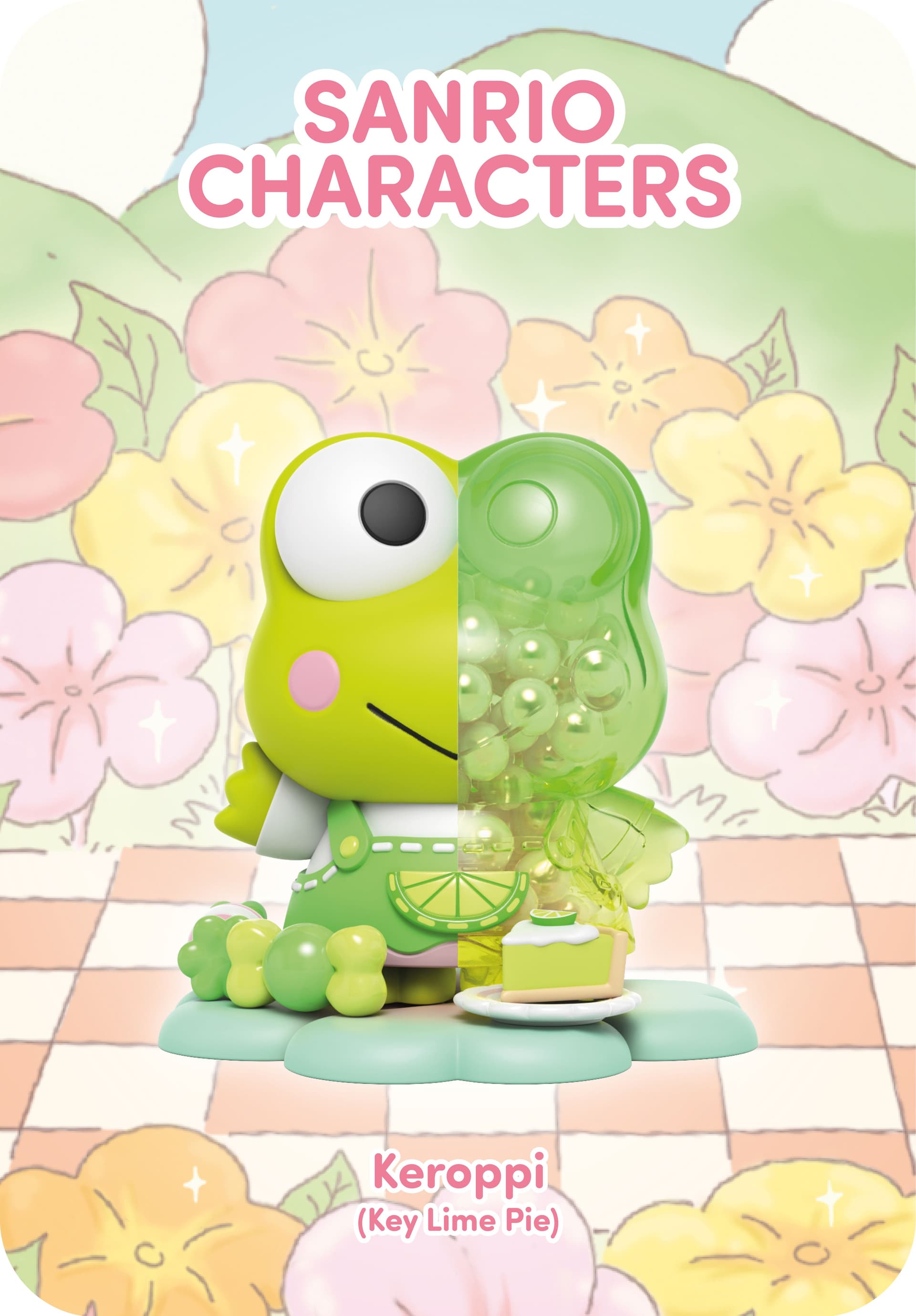 Keroppi vinyl figure (Key Lime Pie). Half solid green, half clear green filled with spheres, standing by a pie slice