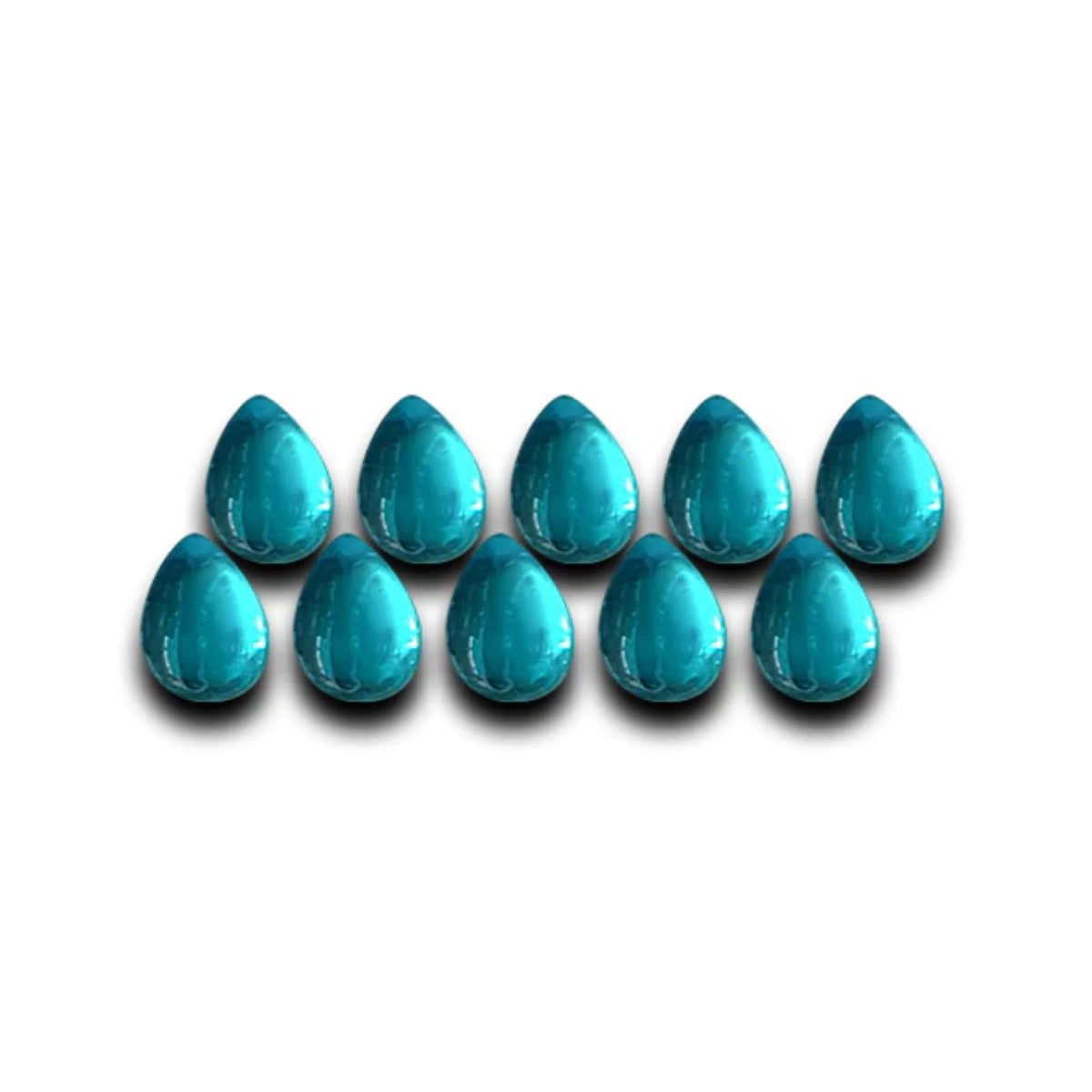 Ten shiny teal teardrop gems in two staggered rows on white.