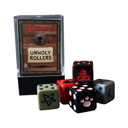 The Binding of Isaac: Unholy Rollers dice set, displayed with its game box. Five themed dice with occult and paw print symbols.