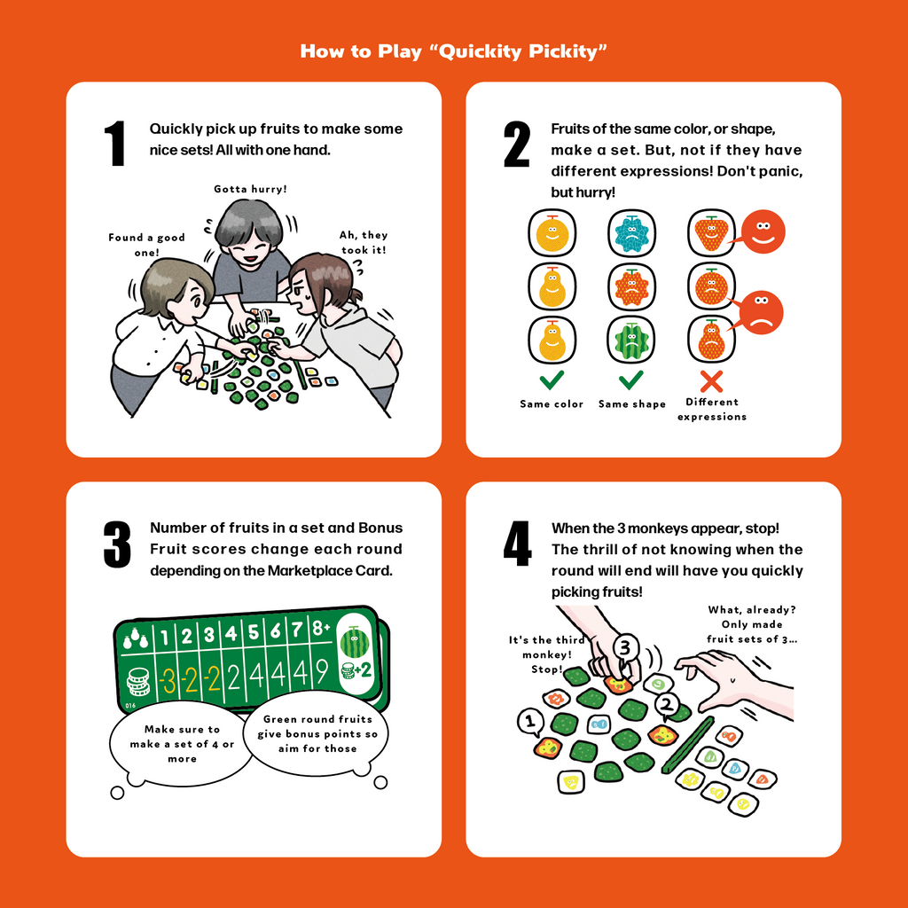 Guide to Quickity Pickity board game rules showing players quickly picking and matching colourful fruit tokens
