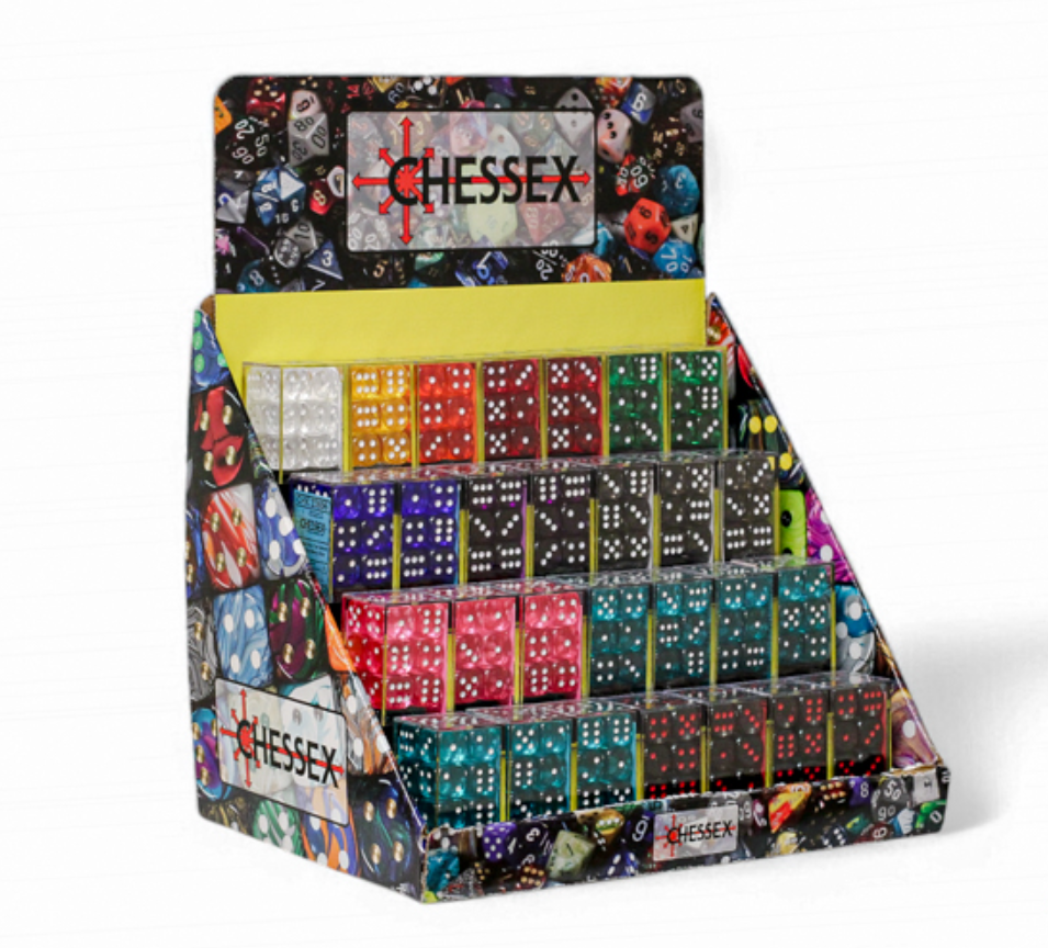 Colourful Chessex dice sets in clear cases are neatly arranged on a multi-tiered retail display stand