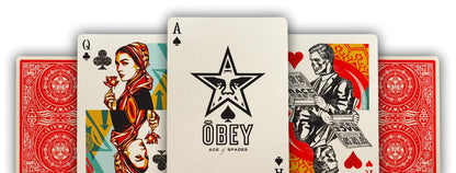 Three custom Obey playing cards fanned: Ace of Spades with logo, Queen of Clubs and King of Hearts