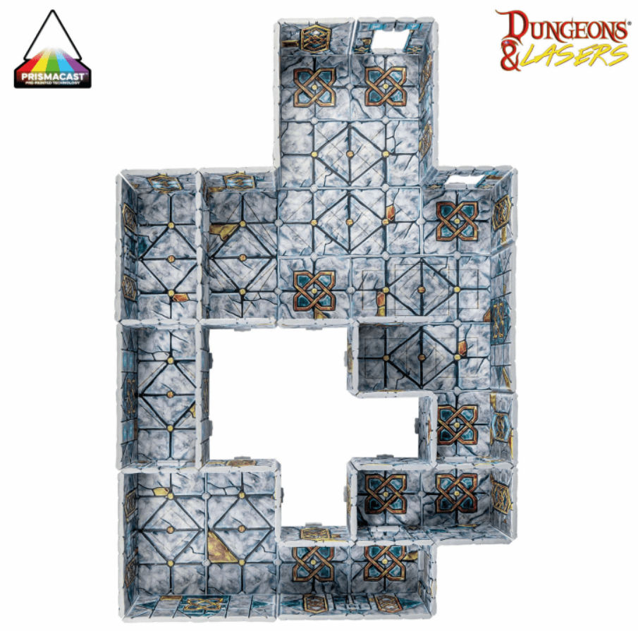 Dungeons & Lasers modular dungeon tiles assembled into a gray stone layout with Celtic patterns