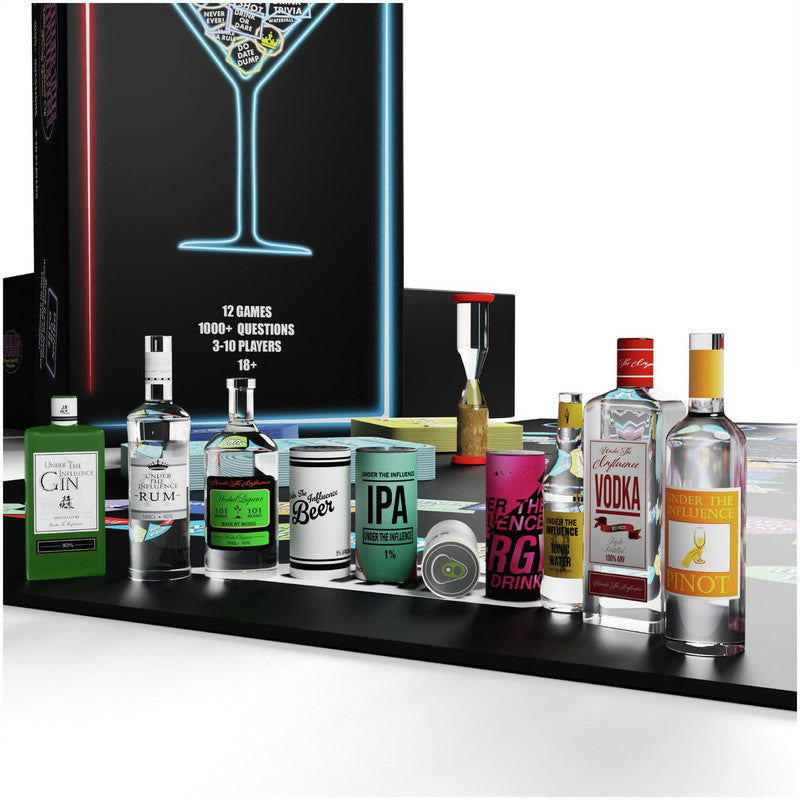 VR Distribution Under the Influence party game with various miniature liquor bottles and beverage cans