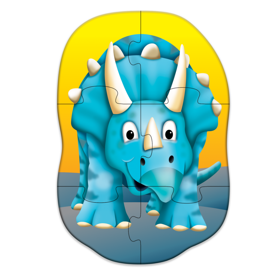 Cute blue cartoon Triceratops dinosaur puzzle with white horns against a bright yellow and blue background