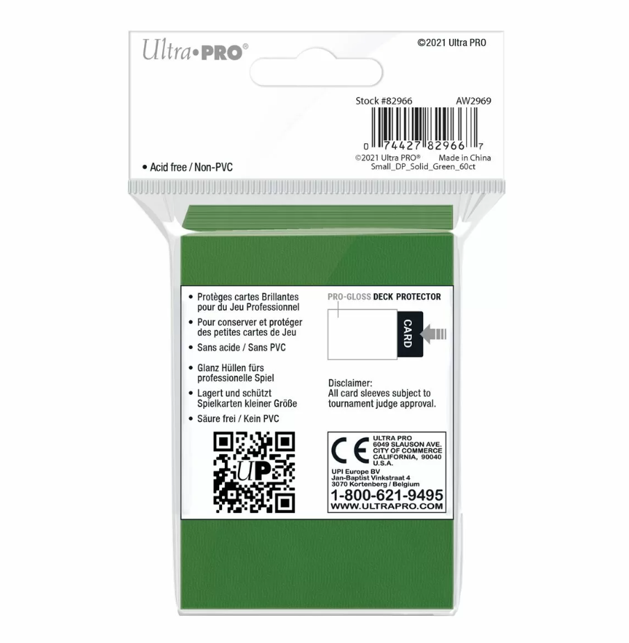 A retail package of Ultra PRO Pro-Gloss green deck protector card sleeves 60 count
