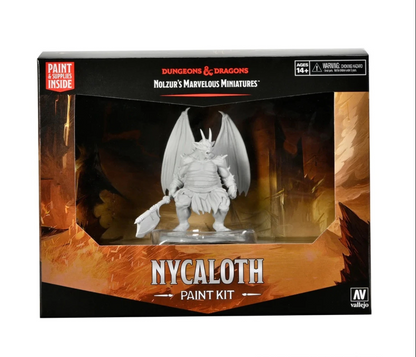 D&D Nycaloth paint kit with a gray, unpainted winged demon miniature holding an axe inside its box