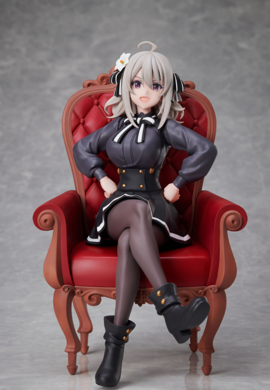 Anime figure of a girl with silver hair wearing a black dress and boots sitting in a red armchair