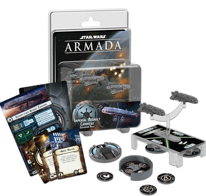 Star Wars Armada Imperial Assault Carriers expansion pack, showing two grey spaceship miniatures, game cards, and tokens
