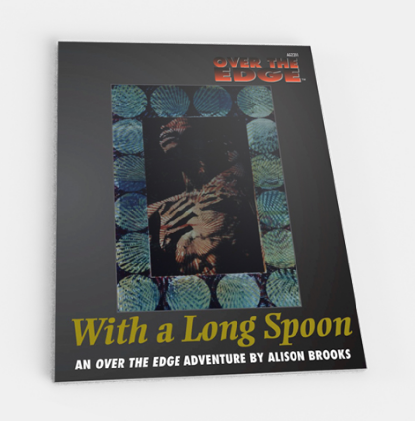 A cover for "Over the Edge: With a Long Spoon" shows a gaunt, skeletal figure framed by teal circles
