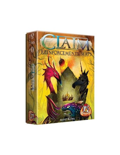 CLAIM Reinforcements: Maps board game box. Cover features a red winged creature, black unicorn, and blue monster fish