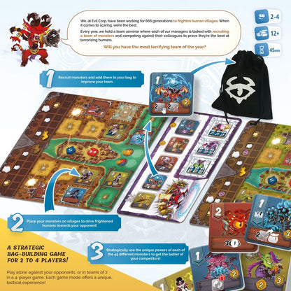 Board game box art featuring monster characters game board cards and bag for a 2 to 4 player bag-building game