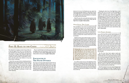 Four cloaked adventurers walk on a path through a dark, dense forest, on a journey to caves