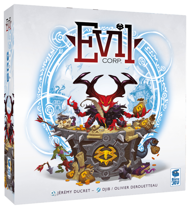Evil Corp board game box featuring a devil character at a desk of gold coins and documents surrounded by imps and a mystical circle