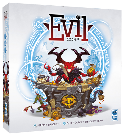 Evil Corp board game box featuring a devil character at a desk of gold coins and documents surrounded by imps and a mystical circle