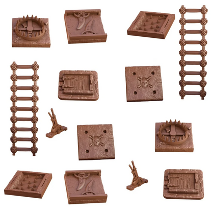 Brown fantasy dungeon terrain pieces: bear traps, ladders, skull & crossbones tiles, spiked pits, wooden doors, axe tiles, and weapon stands