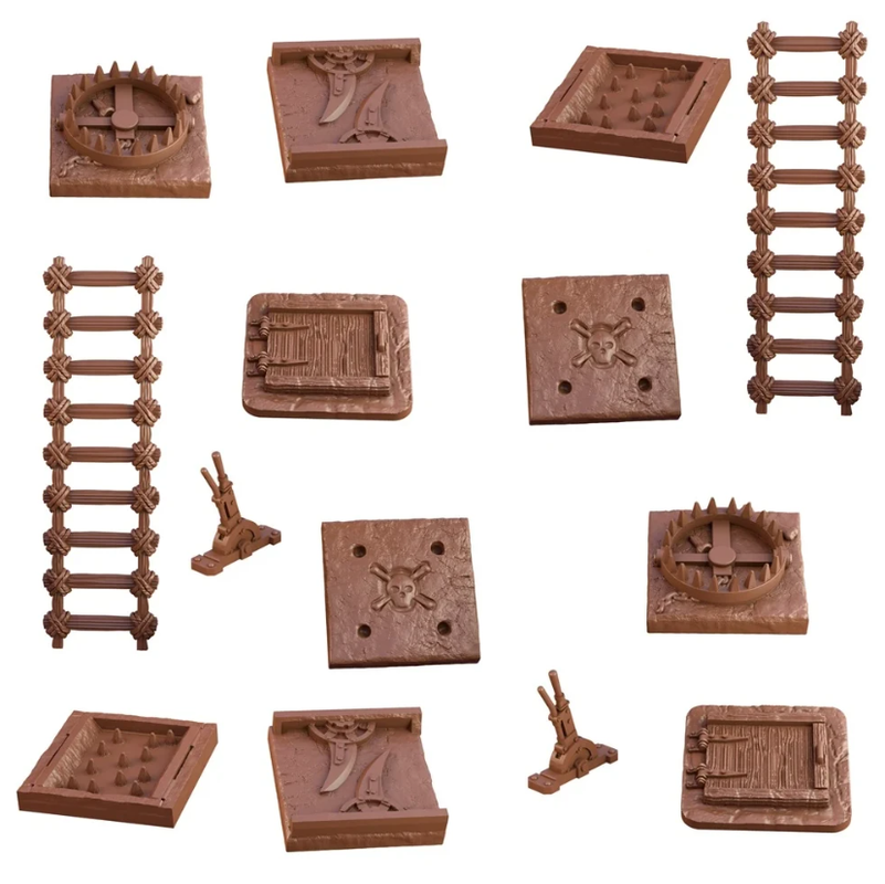 Brown fantasy dungeon terrain pieces: bear traps, ladders, skull &amp; crossbones tiles, spiked pits, wooden doors, axe tiles, and weapon stands