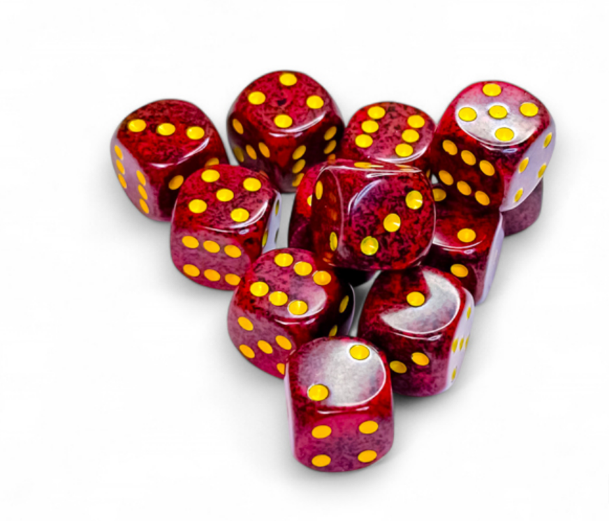 A cluster of burgundy dice with yellow pips on a white background