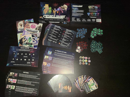 Captain's Gambit board game components laid out: box, instructions, cards, and tokens