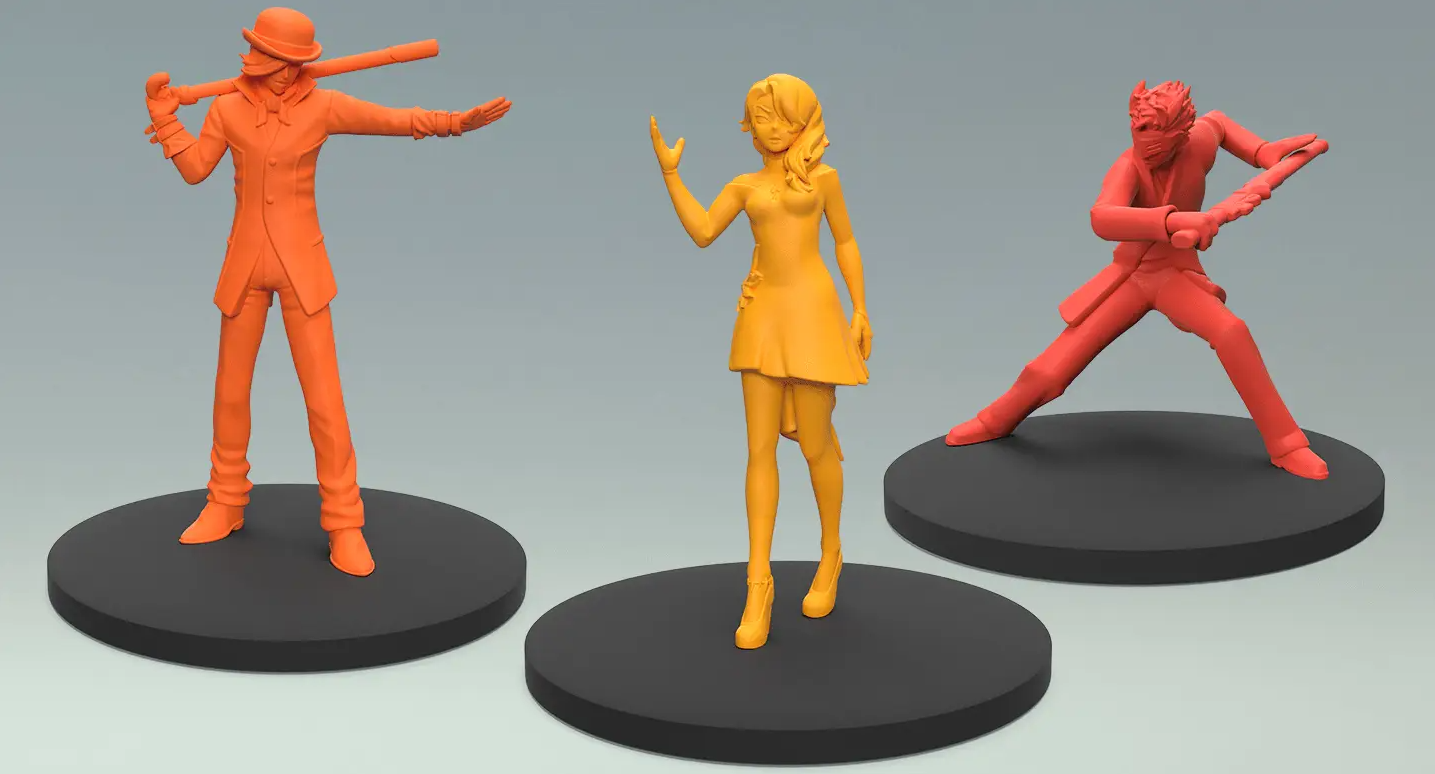 Three 3D rendered monochrome figures an orange man with a staff, a yellow woman with a raised arm, and a red man holding weapons