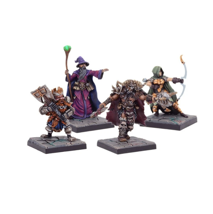 Four painted fantasy miniatures on square bases: a dwarf, wizard, warrior, and archer