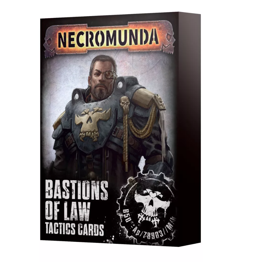 Necromunda Bastions of Law Tactics Cards box showing an armored Enforcer figure with a golden skull chestplate