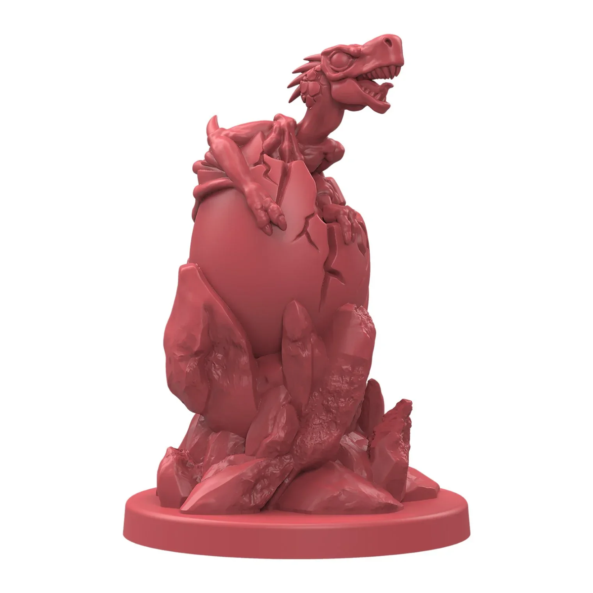 Red baby dragon miniature hatching from a cracked egg on a rocky base