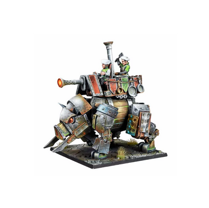 Miniature of an armored, boar-like war machine with a cannon, operated by two figures in chef hats