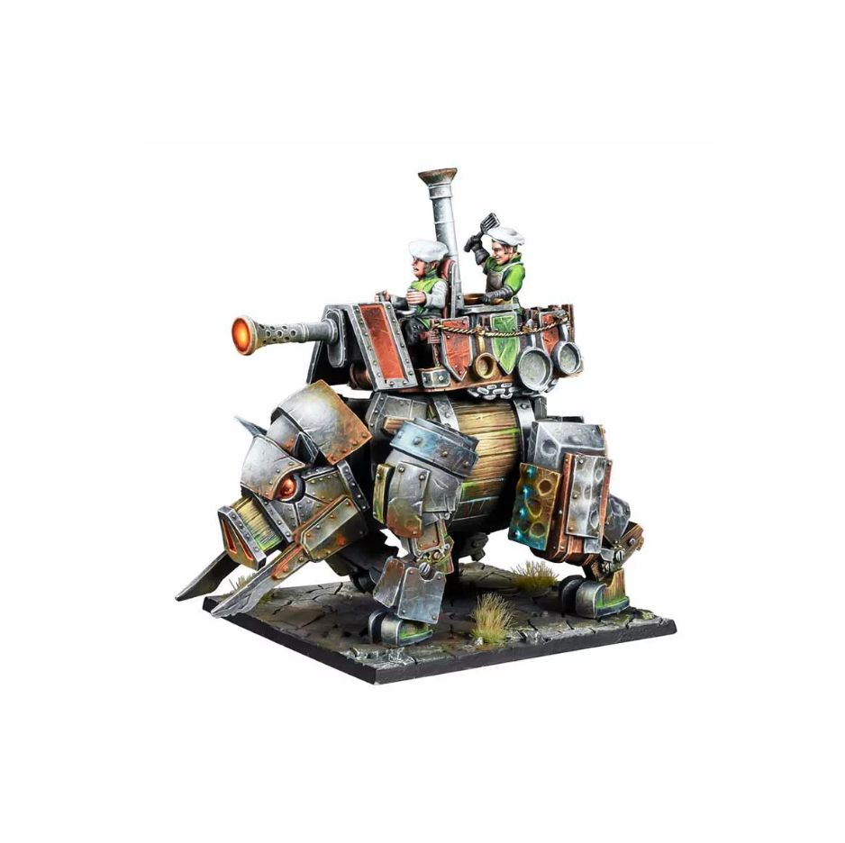 Miniature of an armored, boar-like war machine with a cannon, operated by two figures in chef hats