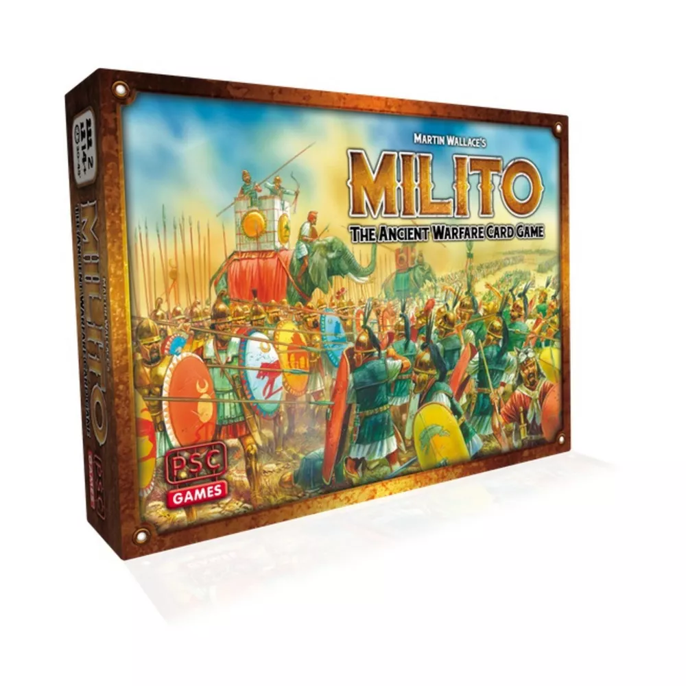 Milito: The Ancient Warfare Card Game box with an illustration of a battle, showing soldiers, spearmen, and war elephants