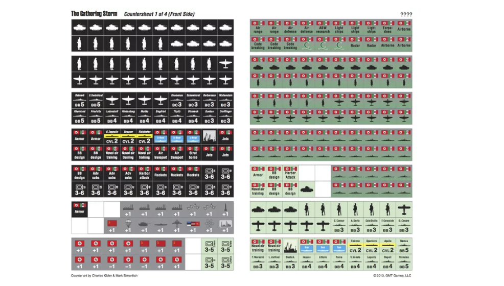 A war game countersheet titled "The Gathering Storm", filled with small square tokens of tanks, soldiers, planes, and ships